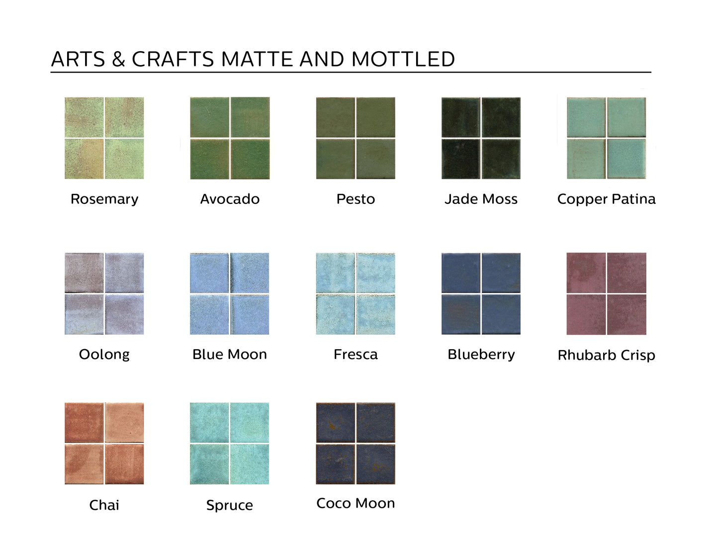 Arts & Crafts matte and mottled tile color chart